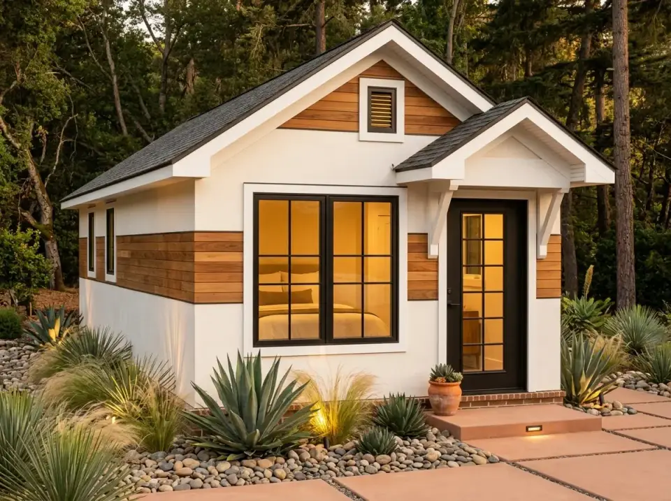 Plan 52530WM Warm Modern facade with horizontal cedar siding bands wrapping white stucco black roof and xeriscape agave and river stone landscape