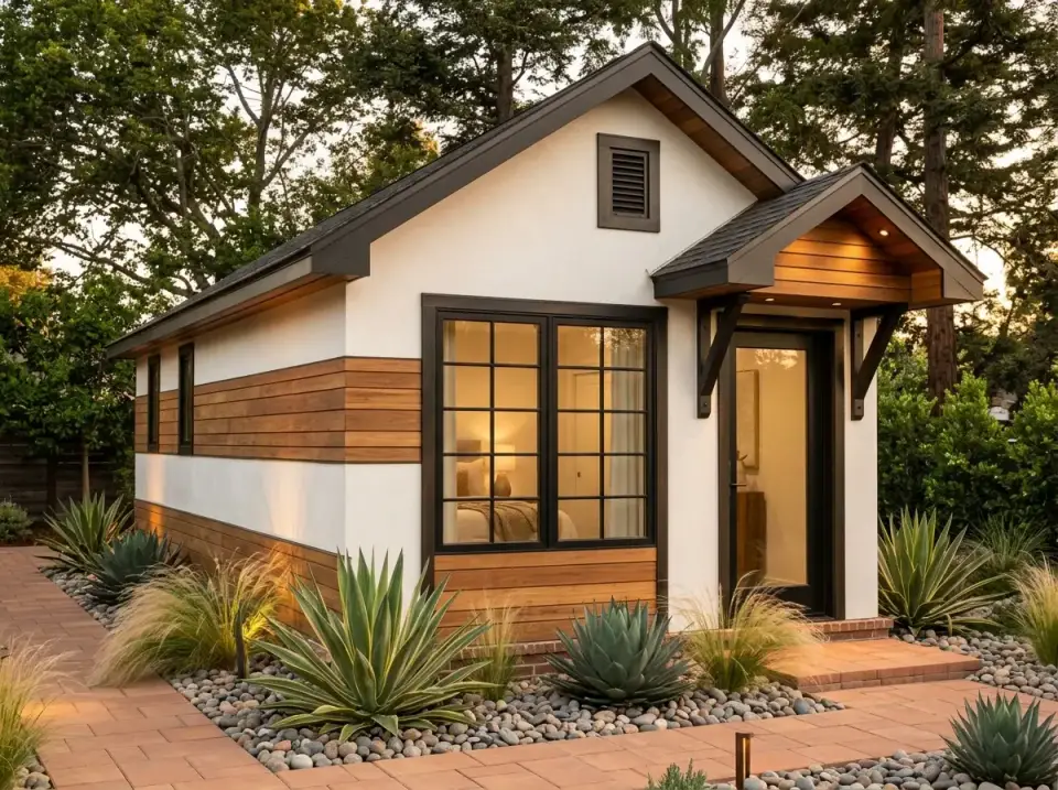 Plan 52530WM Dusk Contemporary facade with deep-stained cedar bands charcoal roofline trim concealed soffit lighting and terracotta brick paving