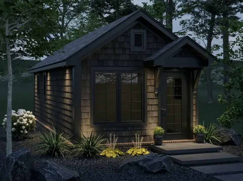 Plan 52530WM Midnight Monochrome facade with all-black shingles roofing and window frames dark gravel charcoal boulders and deep-green plantings with landscape uplighting