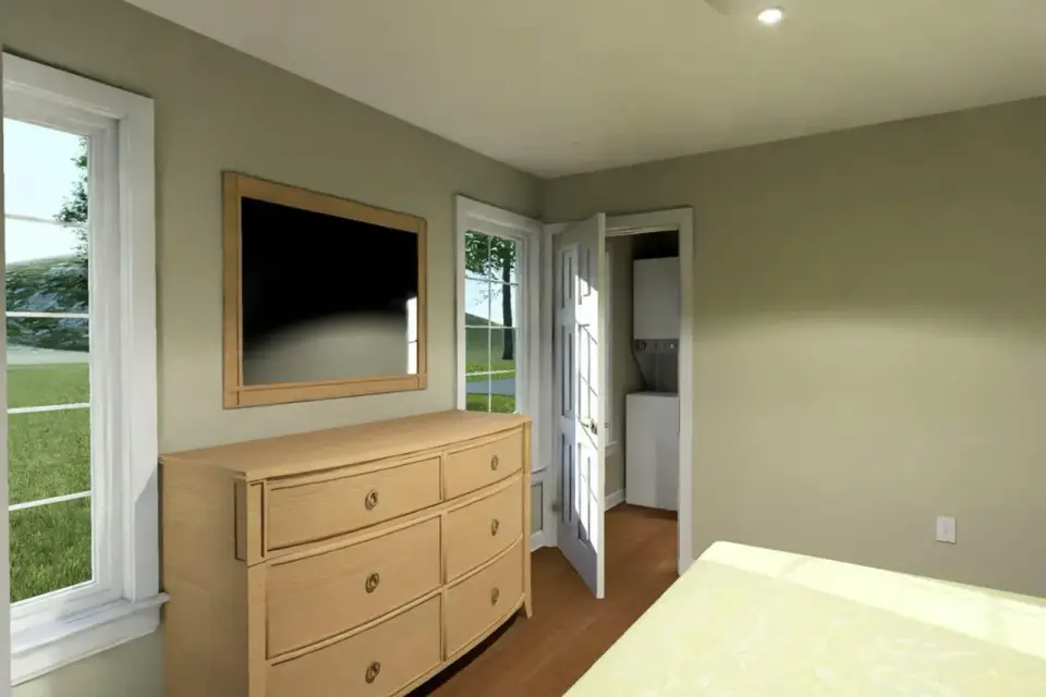 Plan 52530WM closet and laundry niche showing stacked washer dryer and 4 by 5 foot storage