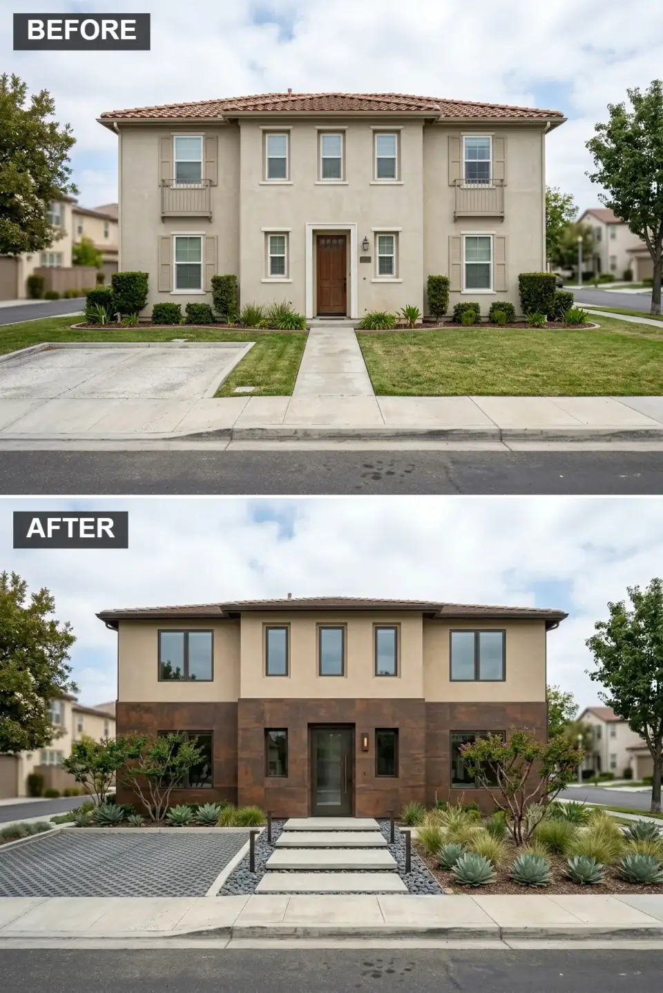 Faux-Mediterranean home transformed with weathered Corten steel ground-floor cladding, tan stucco upper level, dark window frames, and xeriscape landscaping