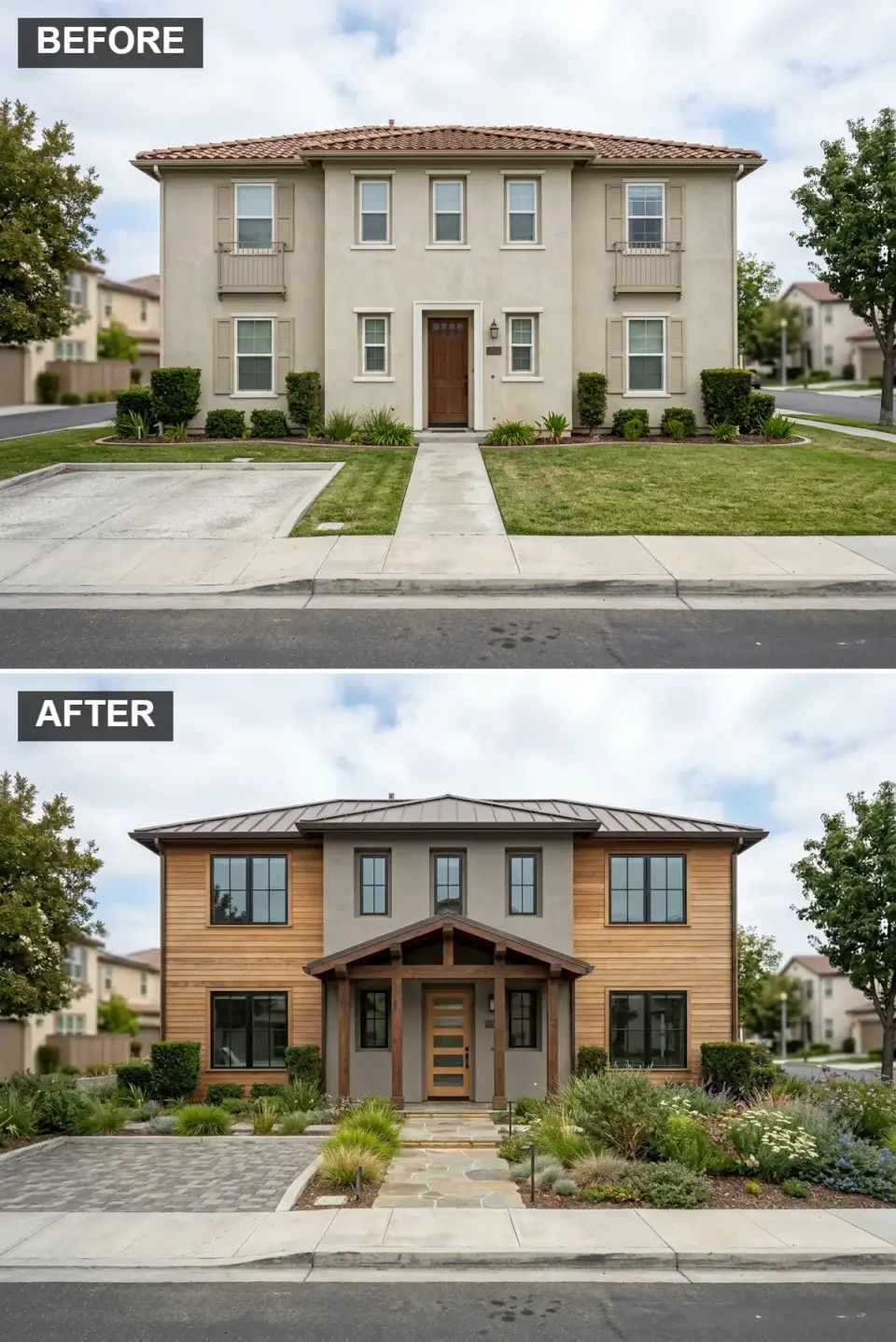 Faux-Mediterranean home transformed into modern craftsman lodge with warm cedar upper siding, grey stucco base, timber-frame entry porch, and naturalistic meadow garden
