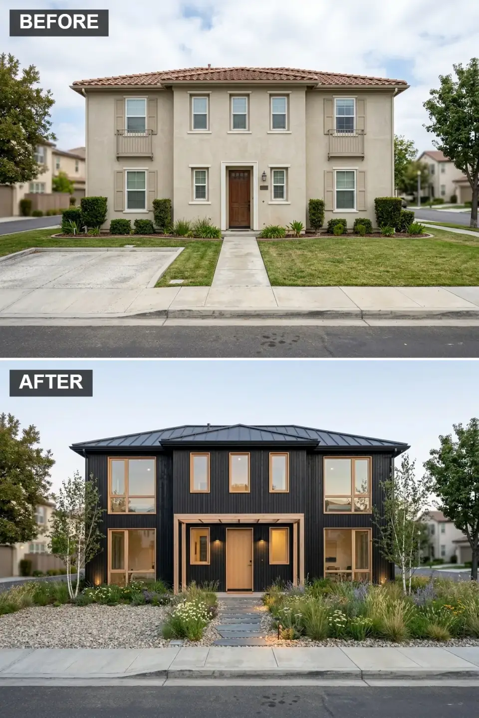 Faux-Mediterranean home clad entirely in matte black vertical wood siding with light natural pine trim, entry pergola, and native birch and meadow landscaping