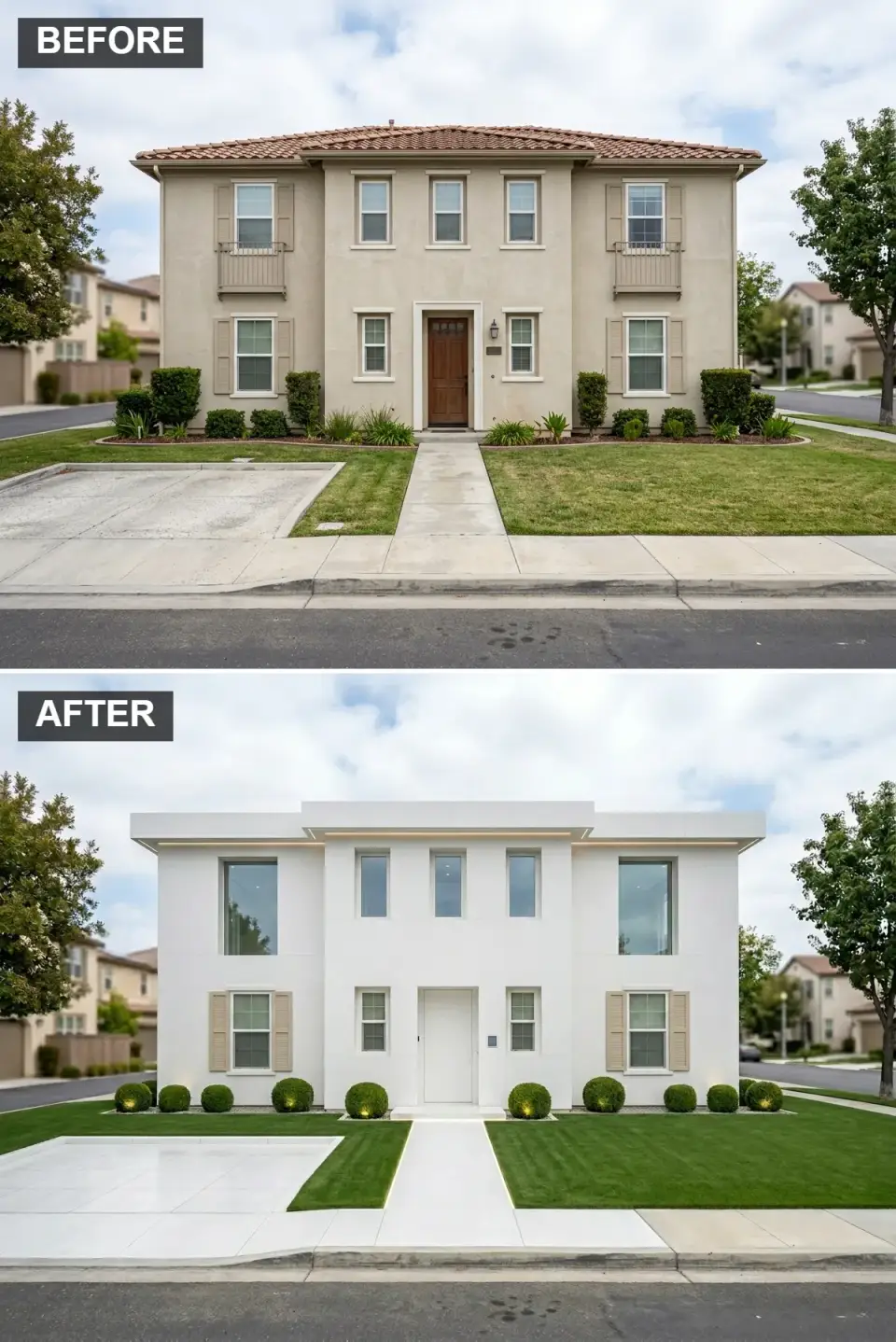 Faux-Mediterranean home transformed into a pure-white minimalist modern box with flat roof, frameless picture windows, and geometric boxwood landscaping