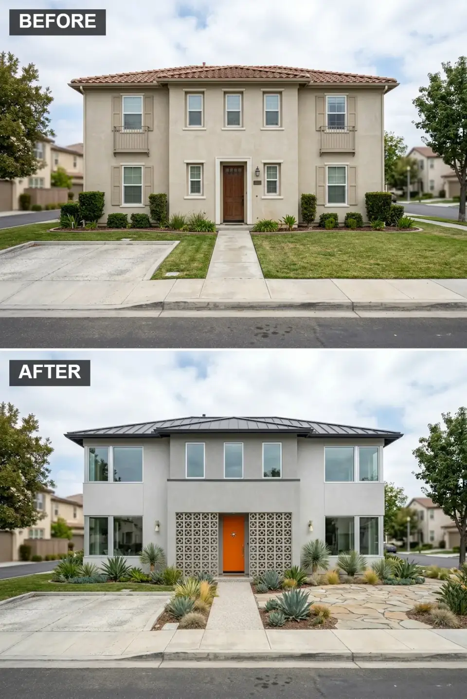 Faux-Mediterranean home reimagined in Mid-Century Modern style with orange door, concrete breeze block privacy screen, and terrazzo path