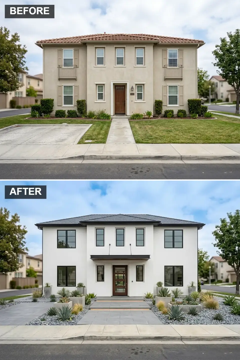 Faux-Mediterranean home transformed into sophisticated modern farmhouse with white stucco, black-framed windows, wood pivot door, and metal awning