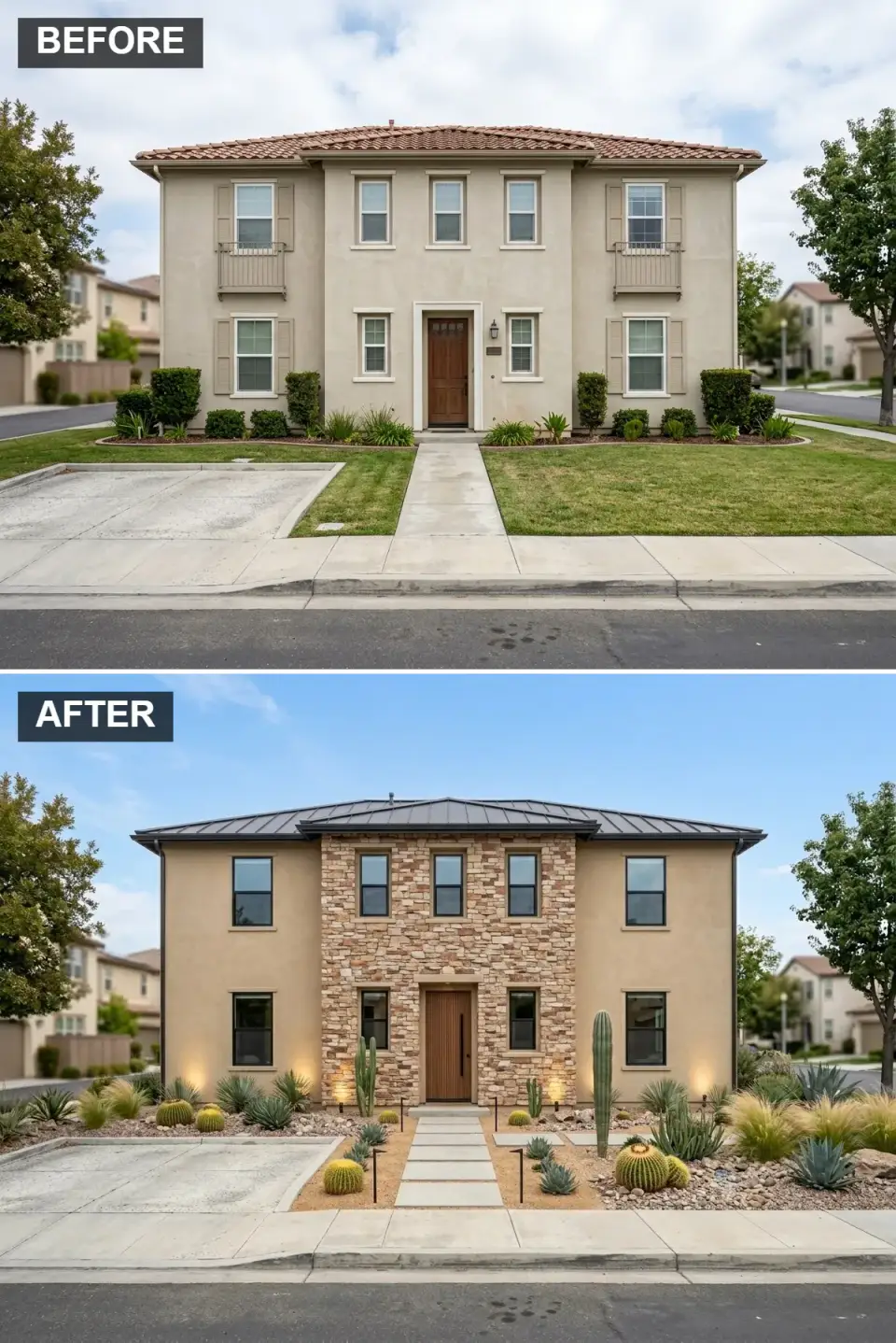 Faux-Mediterranean home transformed into Southwestern desert modern style with stacked stone central column, cacti garden, and dark bronze metal roof