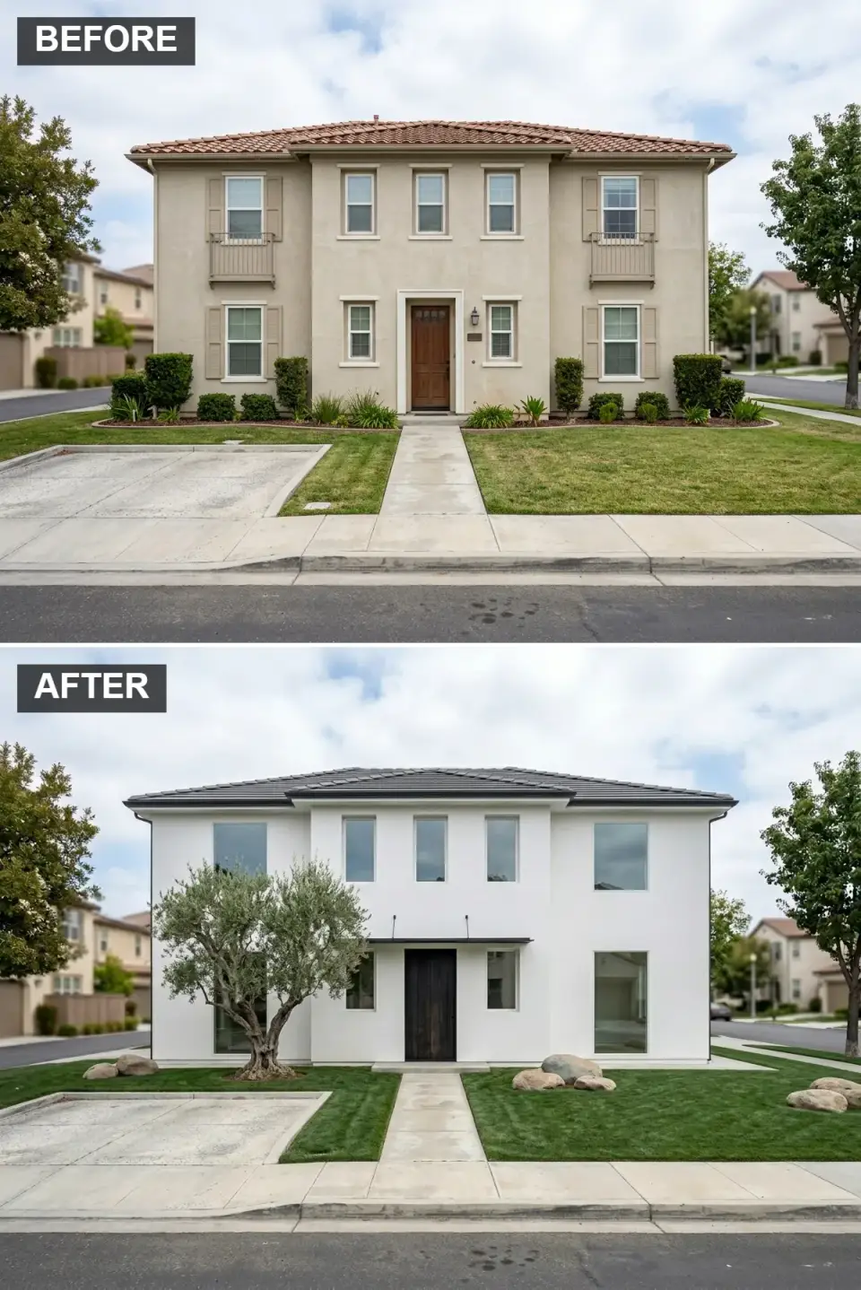 Faux-Mediterranean home reimagined as Scandinavian minimalist with flat roof, frameless picture windows, Shou Sugi Ban charred wood door, and single olive tree