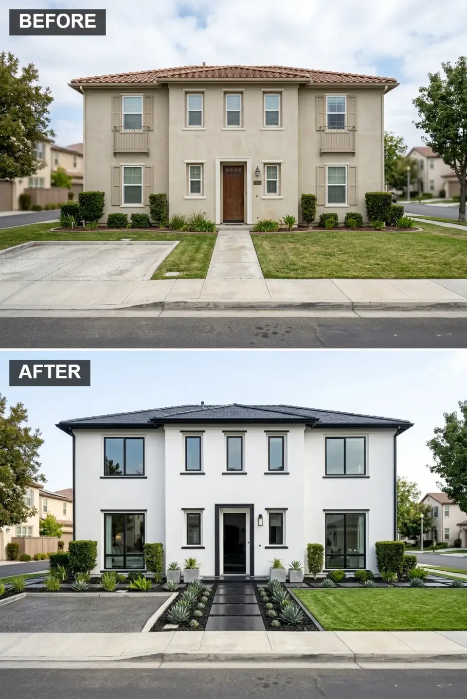 Faux-Mediterranean home in high-contrast black and white transitional style with dark slate roof, black trim, and geometric landscaped beds