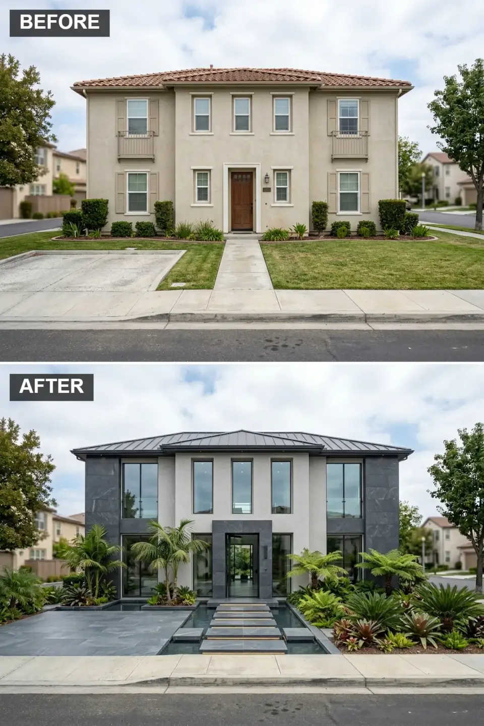 Faux-Mediterranean home transformed into tropical resort villa with dark grey stone tile cladding, water feature entry, glass pivot door, and dense palm landscaping