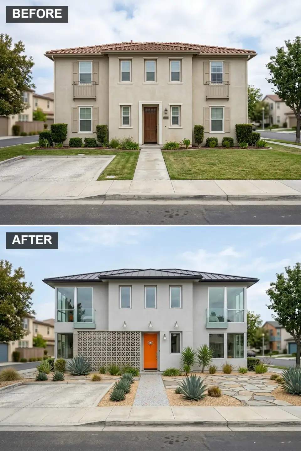 Faux-Mediterranean home in second Mid-Century Modern variation with glass Juliet balconies, breeze block privacy screen, and bright tangerine orange door
