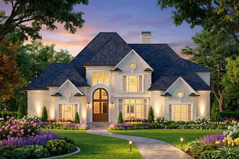 Symmetrical European Traditional facade of plan 12147JL with arched entry and steep gabled roof