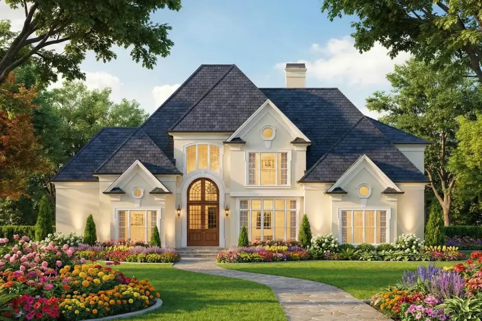 Front elevation of European Traditional plan 12147JL with painted brick and gable windows