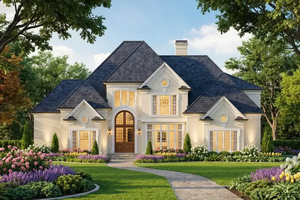 Street view of grand European Traditional home plan 12147JL with structured landscaping