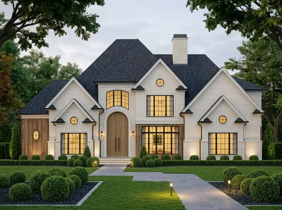 Modern stone and timber facade variation of European Traditional plan 12147JL