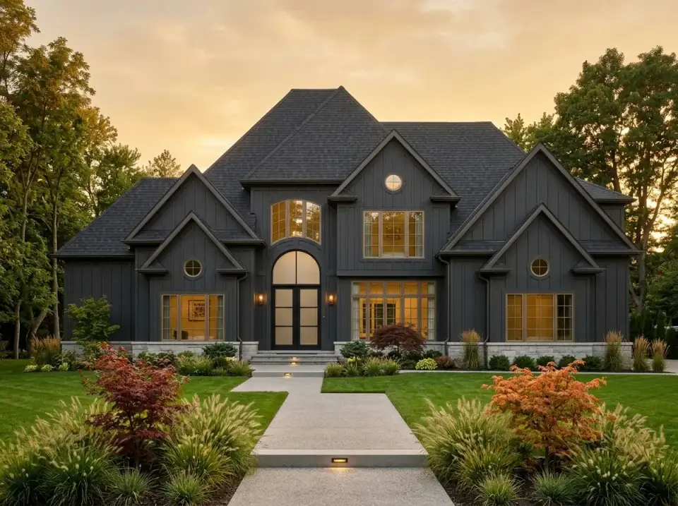 Dark contemporary traditional facade variation of plan 12147JL