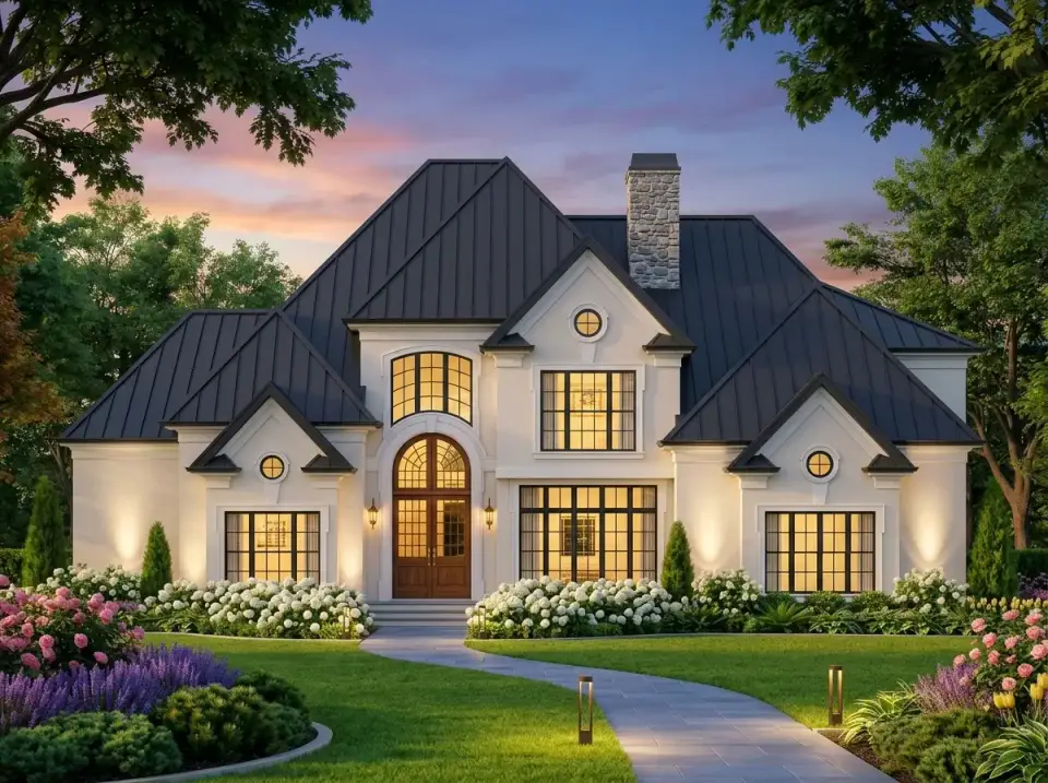 French country metal roof facade variation of plan 12147JL