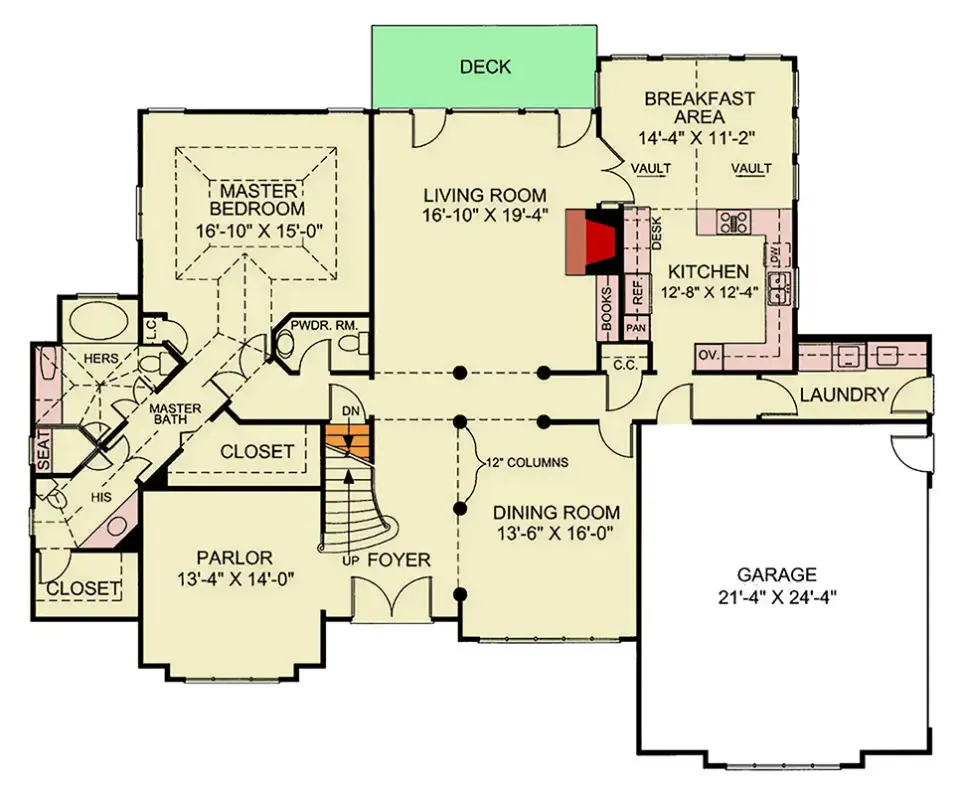 Main level floor plan of 4-bedroom European Traditional plan 12147JL with main-level master and two-story great room