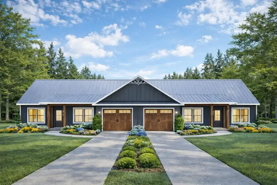 Plan 25077DH front elevation symmetrical ranch duplex with twin garages
