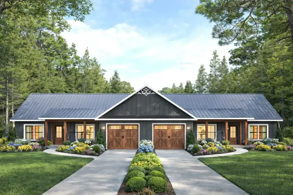 Plan 25077DH three quarter view ranch duplex horizontal siding
