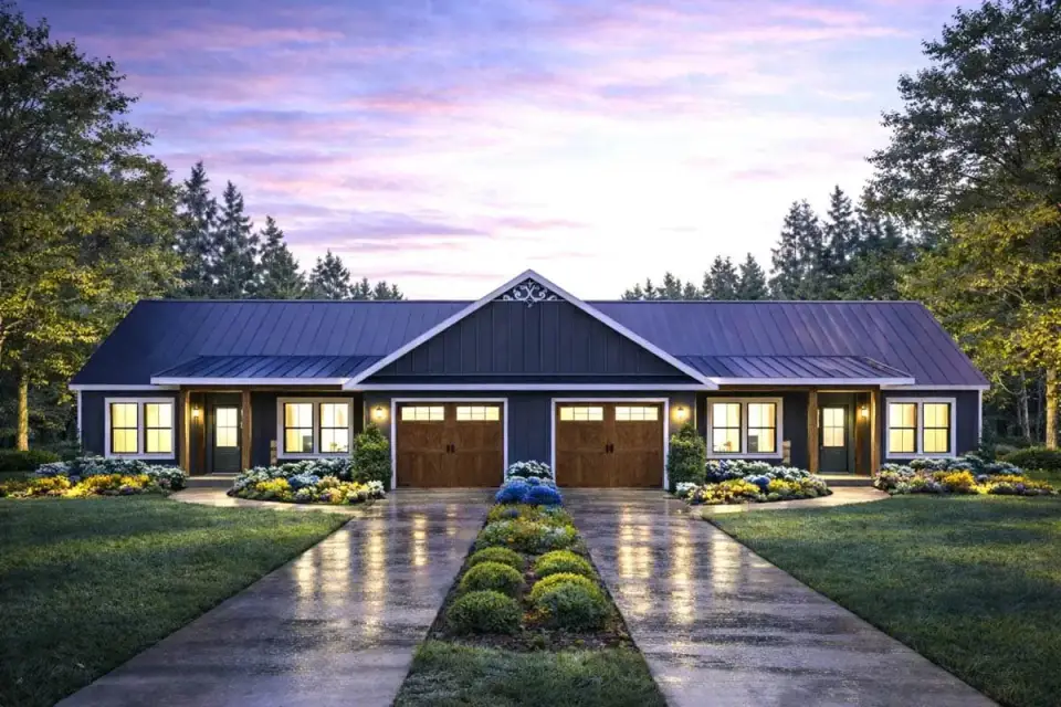 Plan 25077DH front porch detail with wood garage door
