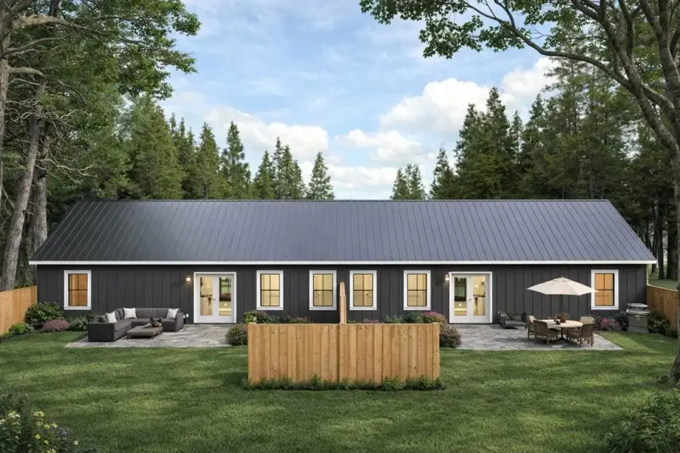Plan 25077DH rear elevation duplex with separate patios