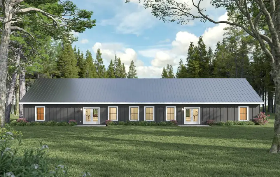 Plan 25077DH duplex side elevation low slope roof