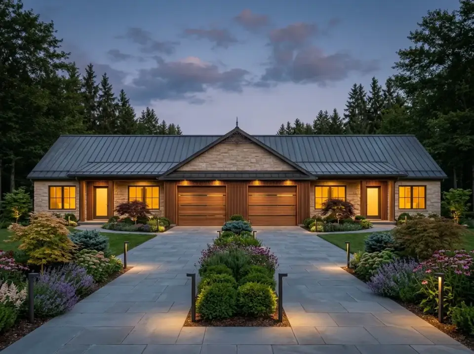 Plan 25077DH european stone estate facade with light stone and wood slat accents
