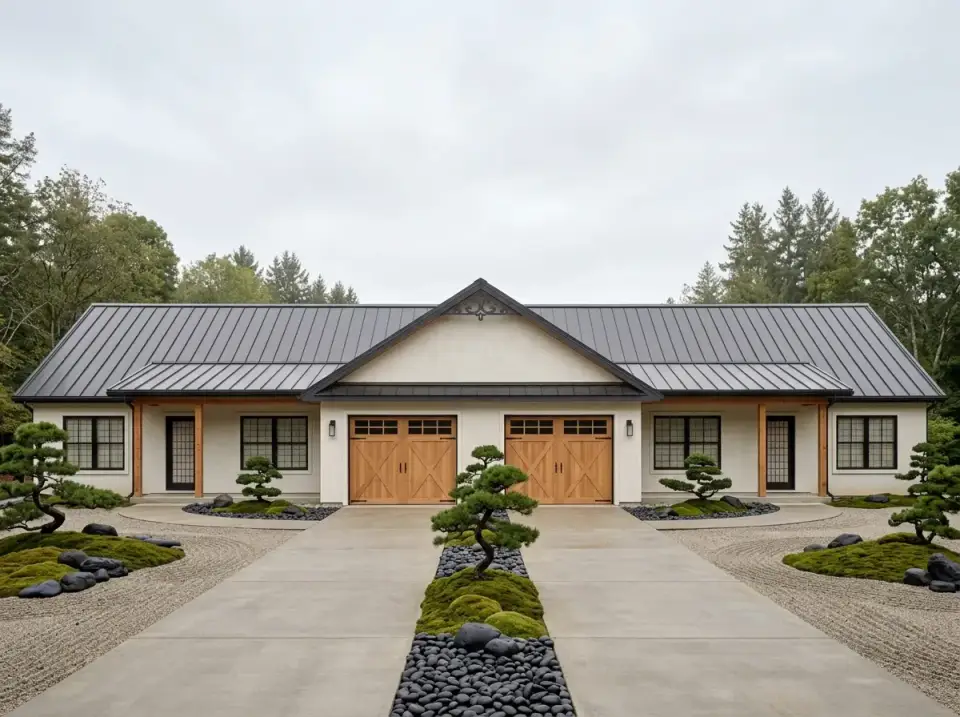 Plan 25077DH zen minimalist facade with white stucco and raked gravel garden