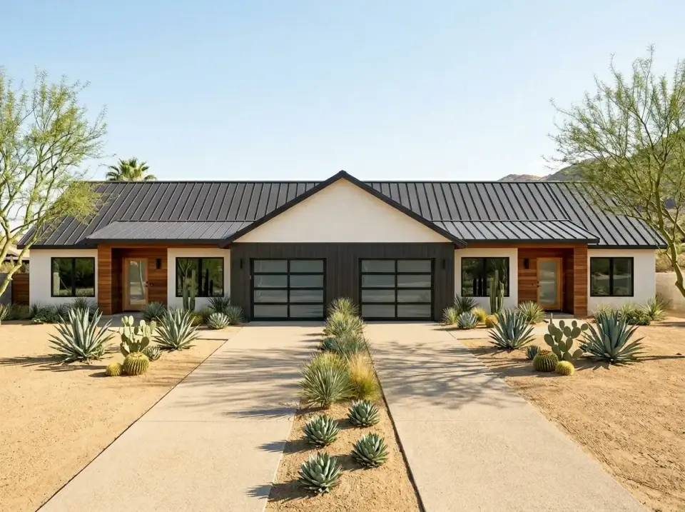 Plan 25077DH desert contemporary facade with white massing and full view garage doors