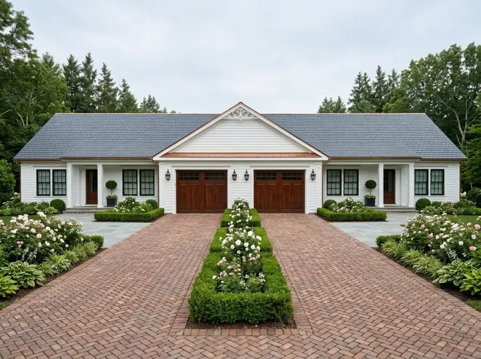 Plan 25077DH classic colonial revival facade with white clapboard and herringbone brick drive