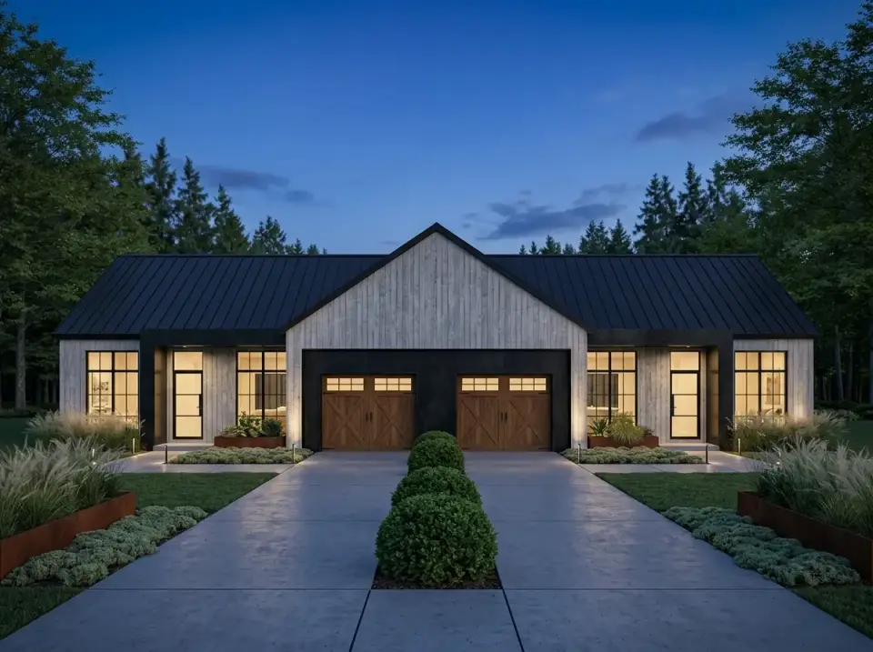 Plan 25077DH scandinavian modern farmhouse facade with bleached wood and black metal roof