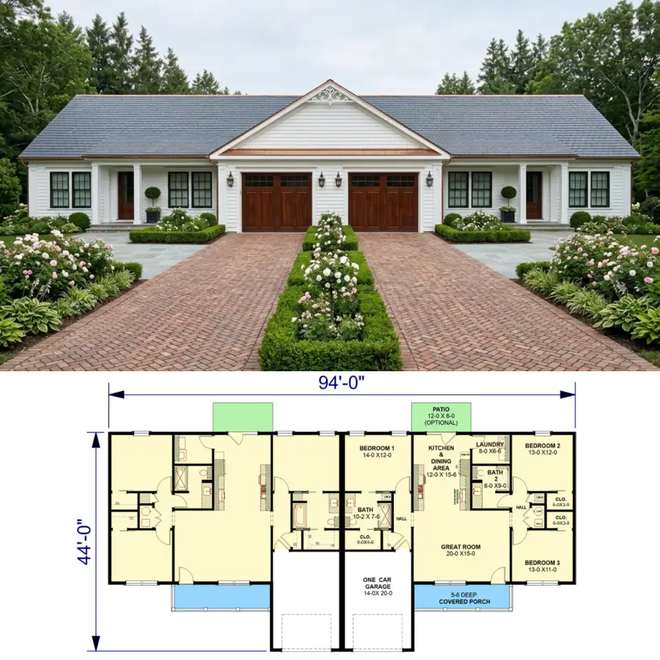 Ranch Style Duplex House Plan with Six Bedrooms and Twin Garages