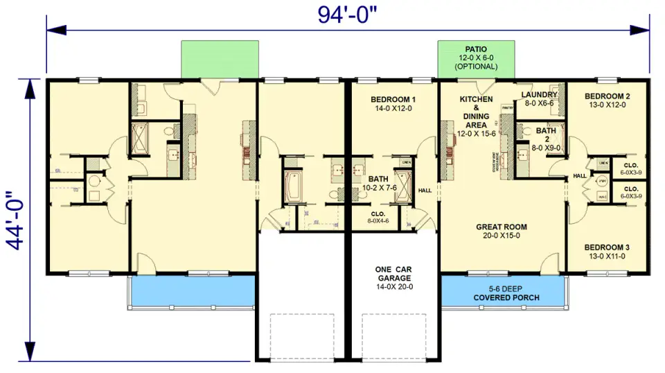 Plan 25077DH 2680 sq ft ranch duplex floor plan with six bedrooms and twin one-car garages