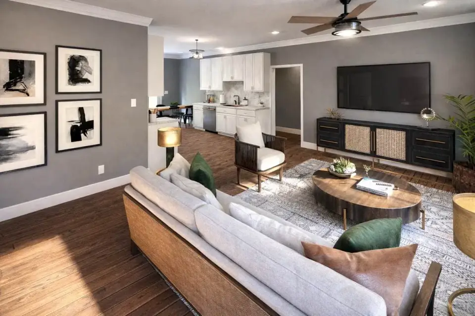 Plan 25077DH great room with medium wood floors and gray walls