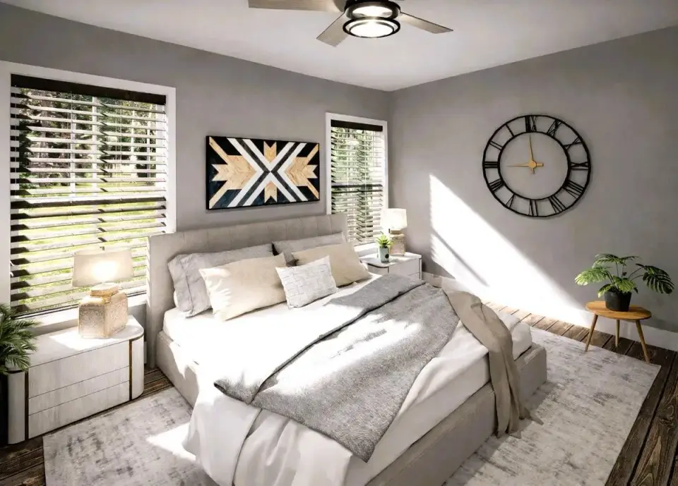 Plan 25077DH primary bedroom with neutral palette