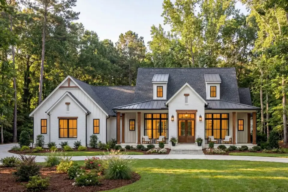 Plan 52035HZ front elevation white siding with metal porch roof