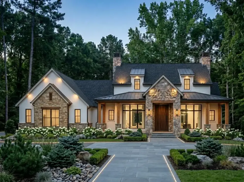Plan 52035HZ rustic stone manor facade with fieldstone gable ends