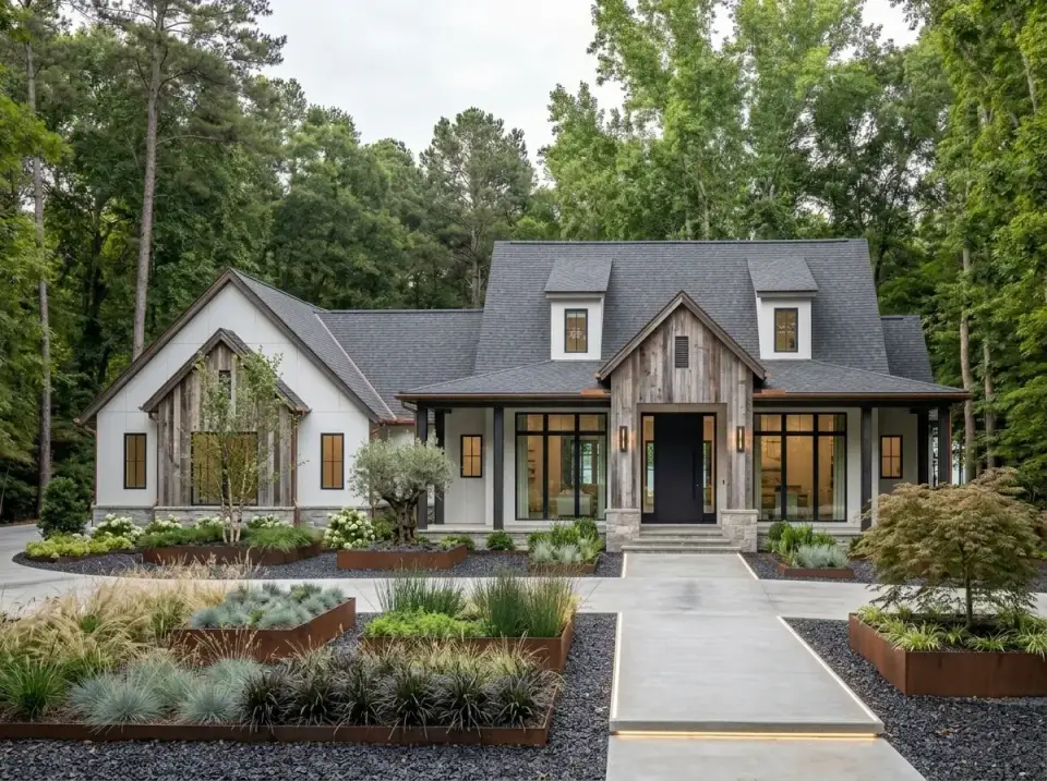 Plan 52035HZ reclaimed wood modern farmhouse with corten planters