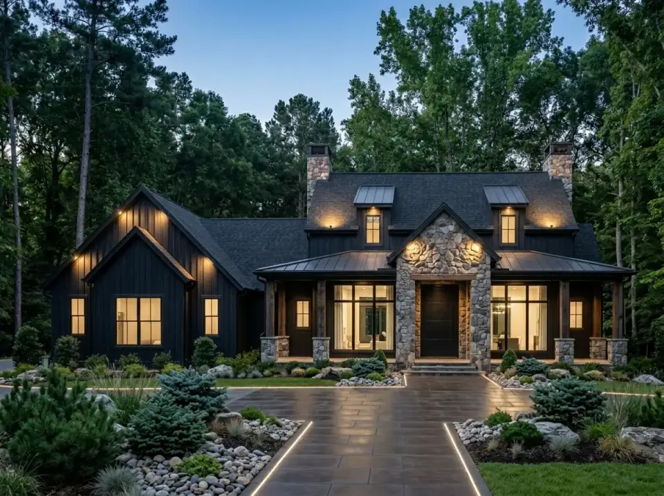 Plan 52035HZ dark mountain lodge with charcoal siding and stone piers