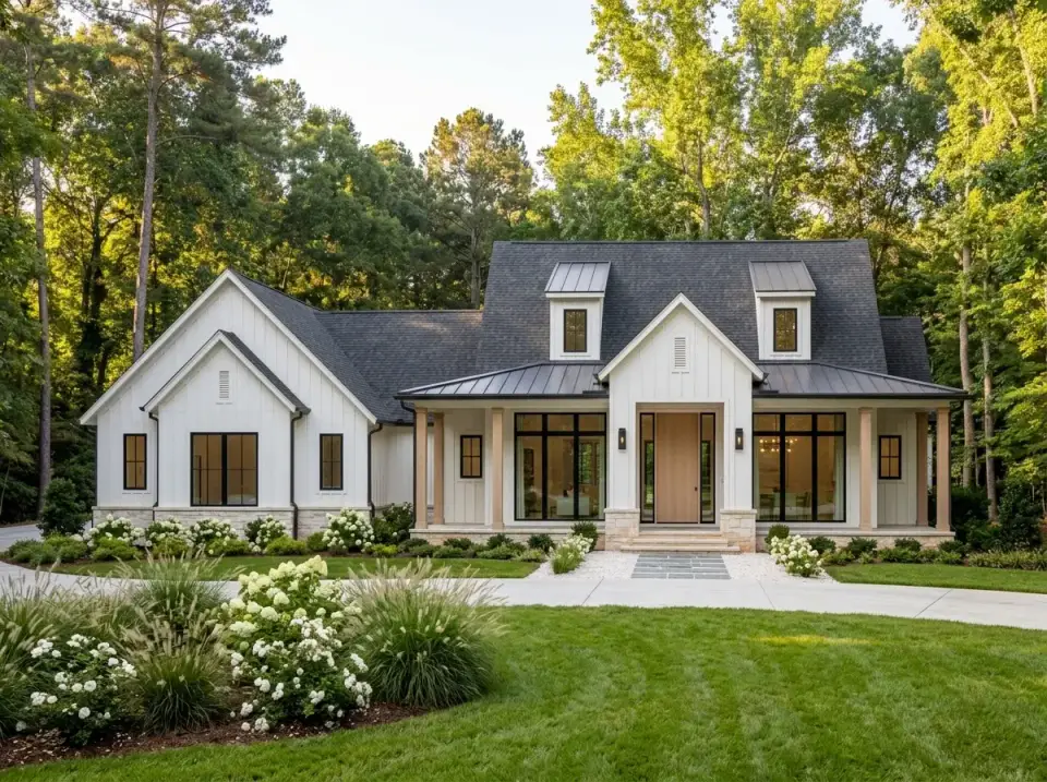 Plan 52035HZ classic board and batten farmhouse with natural wood door