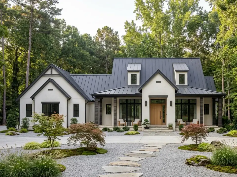 Plan 52035HZ minimalist metal roof farmhouse with gravel courtyard