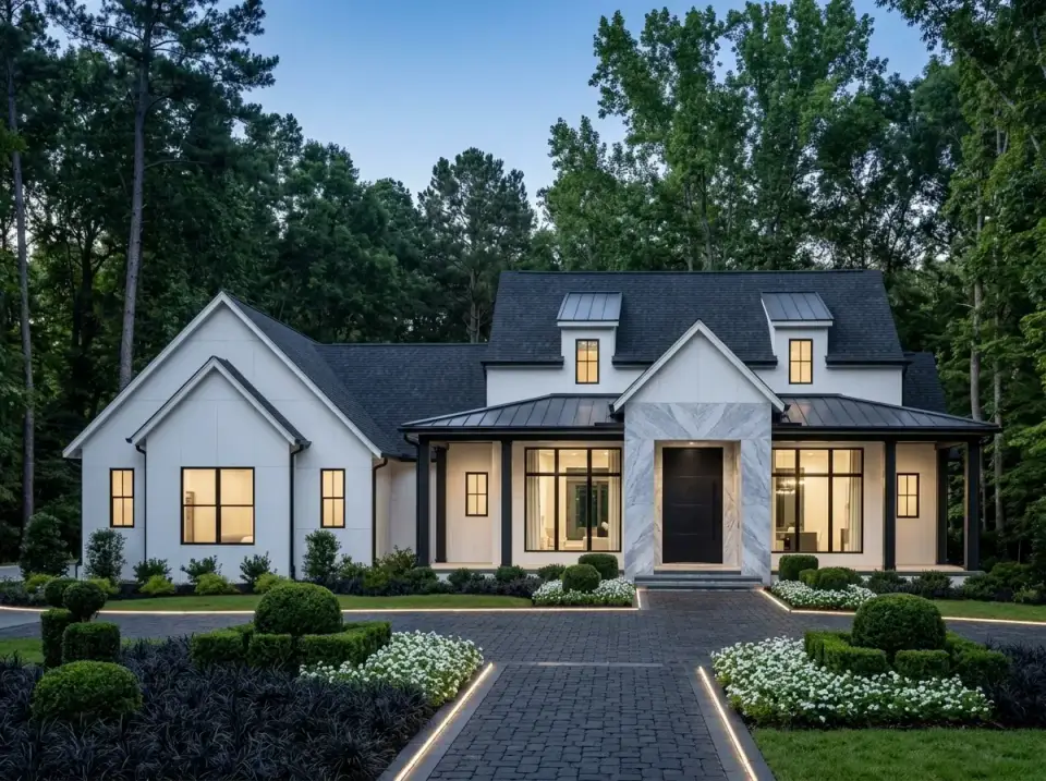 Plan 52035HZ high contrast marble entry with herringbone brick walkway