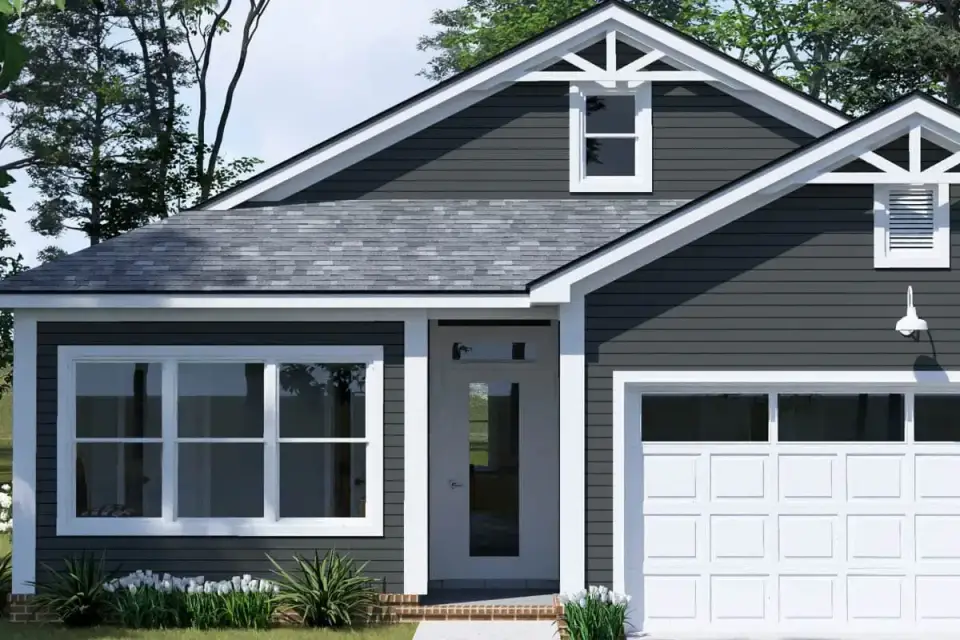 Plan 52531WM angled exterior view with covered entry porch