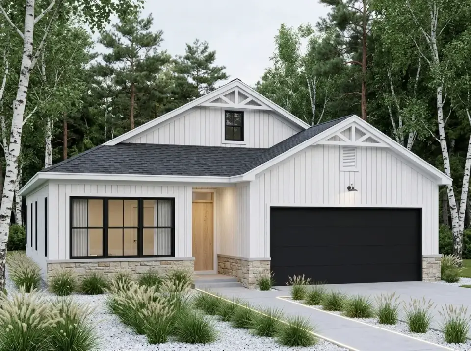 Plan 52531WM modern farmhouse facade white board and batten black roof