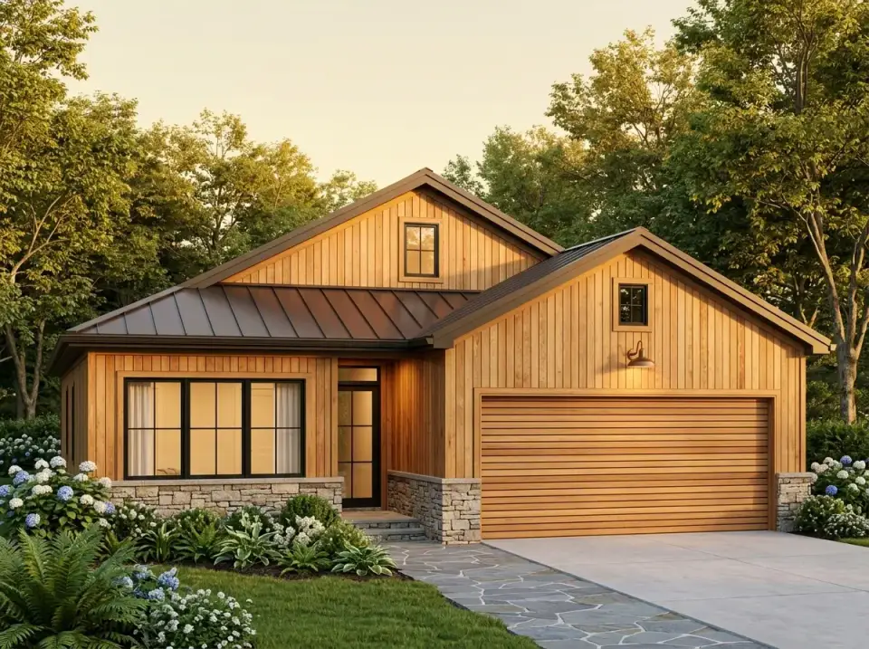 Plan 52531WM natural wood contemporary cedar siding bronze metal roof