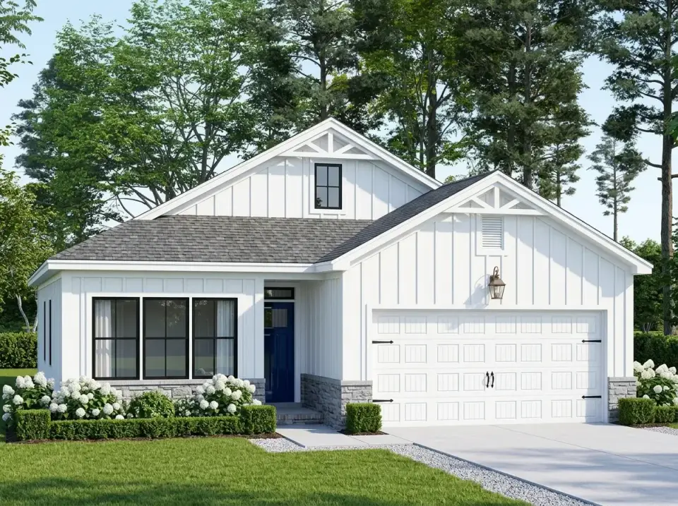 Plan 52531WM classic American farmhouse white vertical siding navy door
