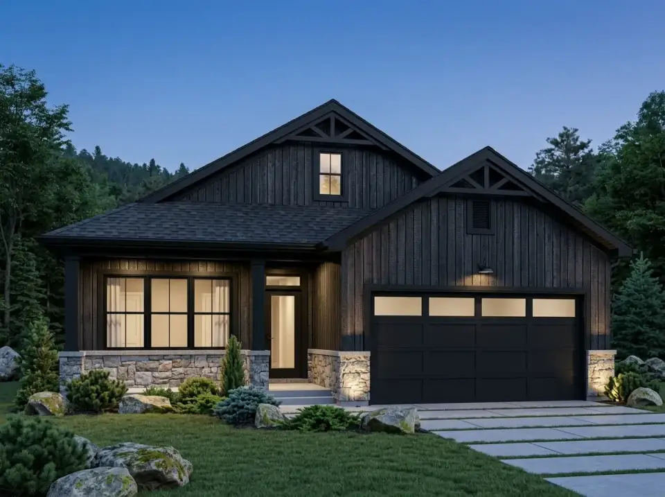Plan 52531WM dark Nordic lodge charred wood siding stone piers