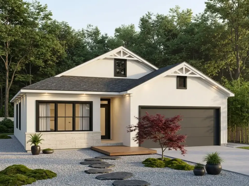 Plan 52531WM minimalist Japandi white stucco wood entry stepping stones