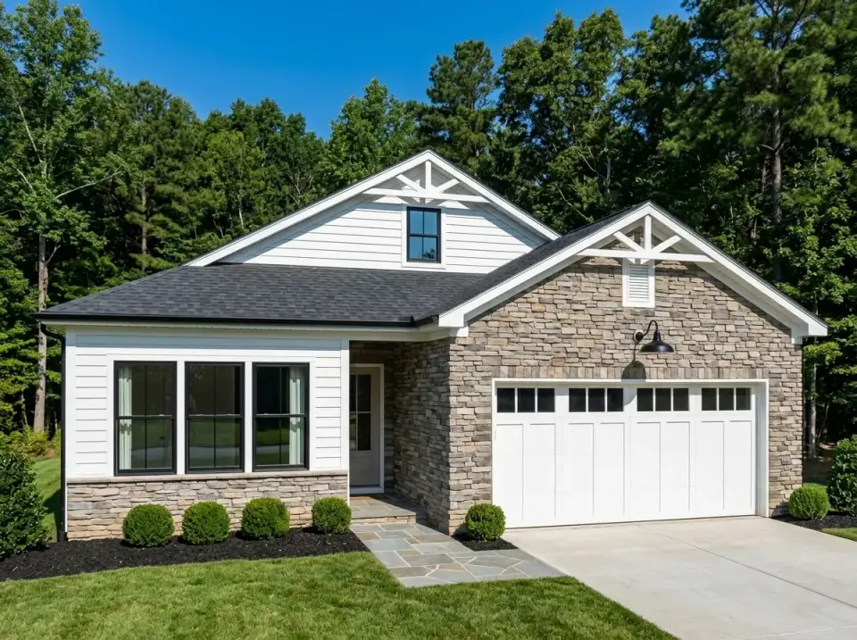 Plan 52531WM transitional stone and siding garage wing material variation